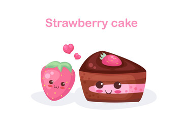 Cute Chocolate Strawberry cake with a berry. Kids vector illustration isolated on white. Baby shower, nursery decoration, t-shirt print. Funny kawaii summer food characters. Cafe menu, fabric print.