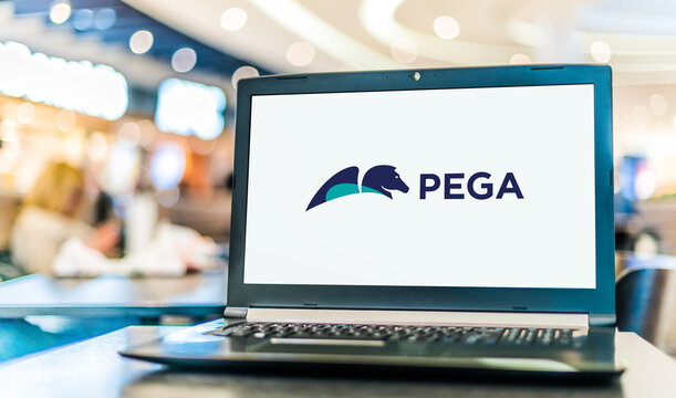 Laptop computer displaying logo of Pegasystems