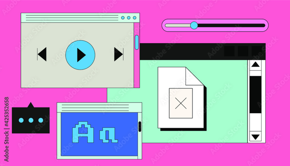 Poster Set of retro user interface tabs and icons. Screen panels and dialog boxes of computer software.