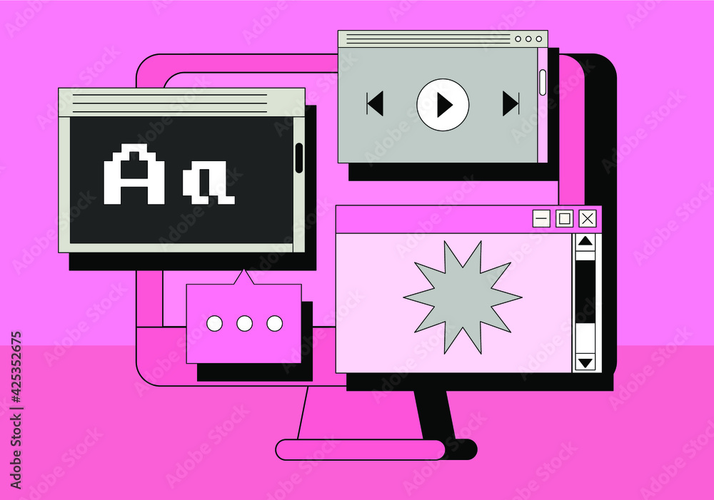 Poster Computer screen with programs and applications. Conceptual flat vector illustration of home office, UI and UX design and programming.