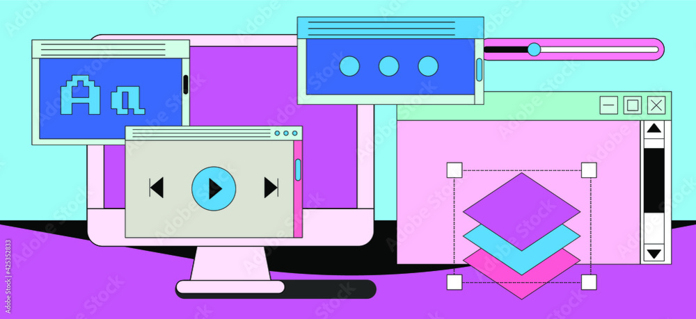 Aufkleber Computer screen with programs and applications. Conceptual flat vector illustration of home office, UI and UX design and programming.