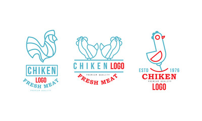 Fresh Chicken Meat Logo Design Templates Set, Premium Quality Meat Badges Cartoon Vector Illustration