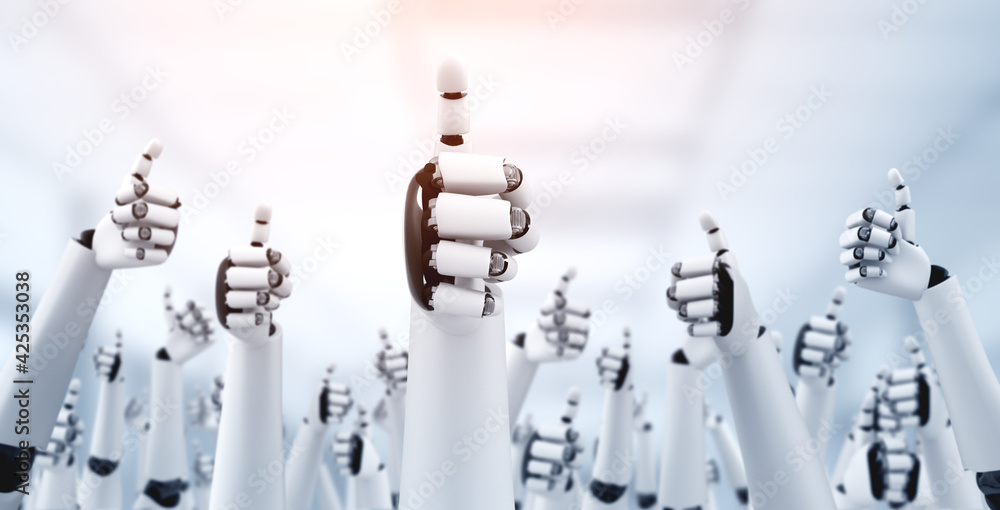 Poster robot humanoid hands up to celebrate goals success achieved by using ai artificial intelligence thin