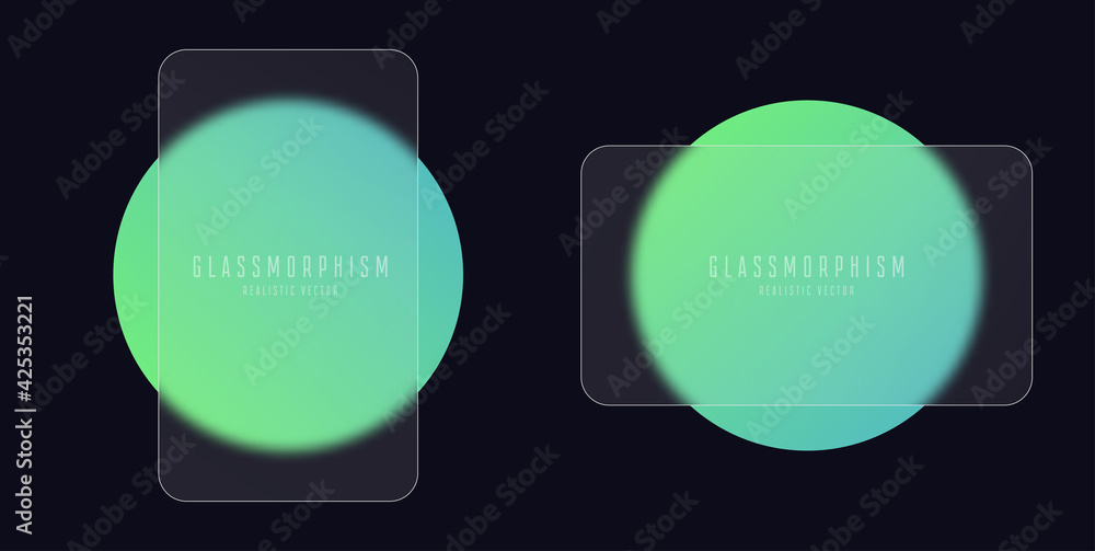Poster glassmorphism effect with set of transparent glass plates on green gradient circles. frosted acrylic