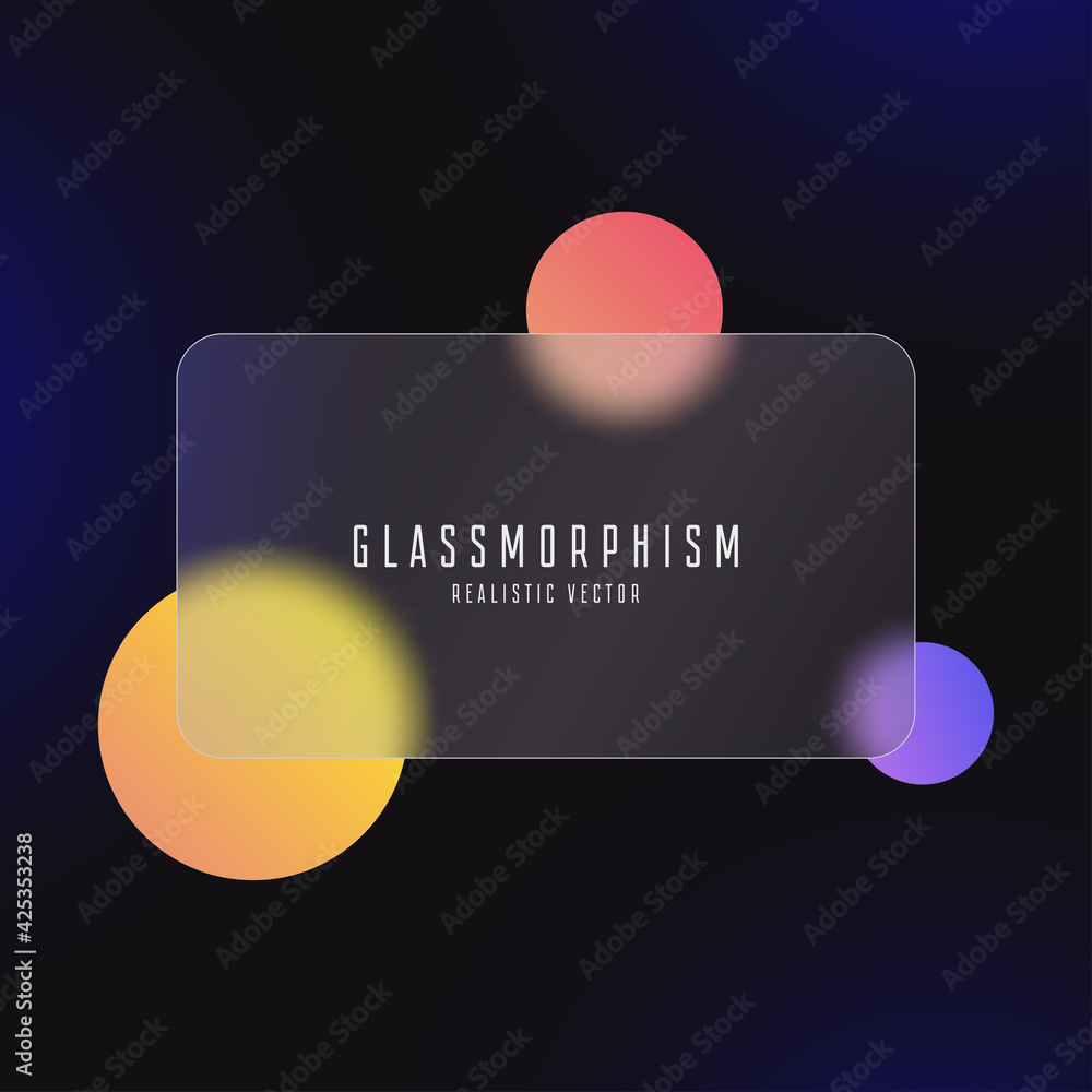 Poster glassmorphism effect with transparent glass plate on abstract background with moving colored circles