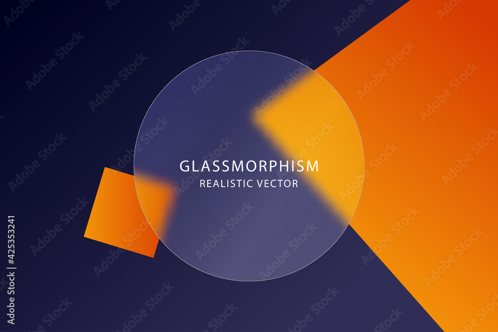 Poster glassmorphism effect with transparent glass plate on abstract colored background with moving geometr