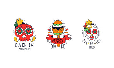 Dia de Los Muertos Logo Design Set, Mexican Day of Dead Badges, Traditional Festival Colorful Hand Drawn Labels Vector Illustration