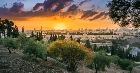 Naklejka premium Beautiful dramatic autumn sunset over the Old City Jerusalem, with the Dome of the Rock, the Golden Gate and the Russian Orthodox church of Mary Magdalene seen through fall trees on Mount of Olives