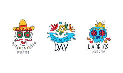 Set of Dia de Los Muertos Day Logo Design, Traditional Mexican Festival Badges, Day of Dead Colorful Hand Drawn Labels Vector Illustration