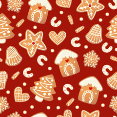 Christmas gingerbread vector seamles pattern. Winter characters in cartoon style. Awesome holiday design background. New year in scandinvian style.