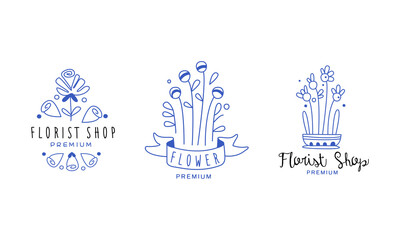 Fototapeta na wymiar Florist Shop Premium Logo Original Design Set, Organic Shop, Floral Designer Blue Hand Drawn Badges Vector Illustration