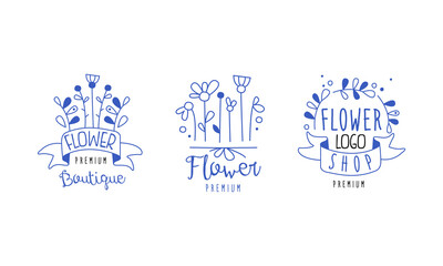 Flower Boutique Premium Logo Design Set, Floral Designer Shop Blue Hand Drawn Badges Vector Illustration