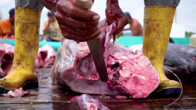 Fishmonger Chopping and Selling Fish at harbor