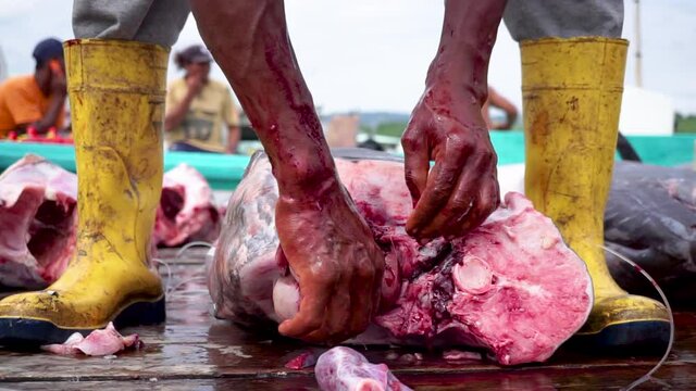 Fishmonger Chopping and Selling Fish at harbor