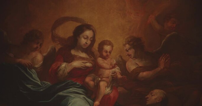 Holy Family with joseph, maria and jesus on artwork painting in church,close up shot. Catholic religion.