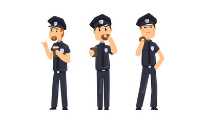 Male Police Officers Eating Donuts and Drinking Coffee, Policemen Characters Having Break Vector Illustration