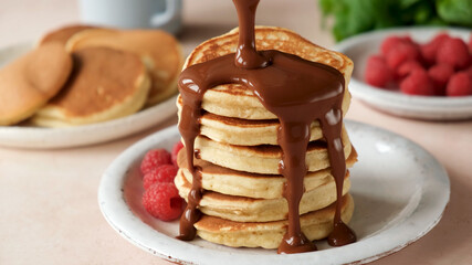 Pancakes with chocolate sauce and raspberries on a plate, sweet breakfast food - 425354817