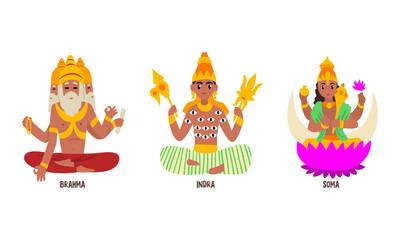 Naklejka premium Statues of Indian Gods Set, Brahma, Indra, Soma Hinduism Godheads Vector Illustration