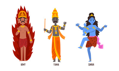 Statues of Indian Gods Set, Igny, Yama, Shiva Hinduism Godheads Vector Illustration