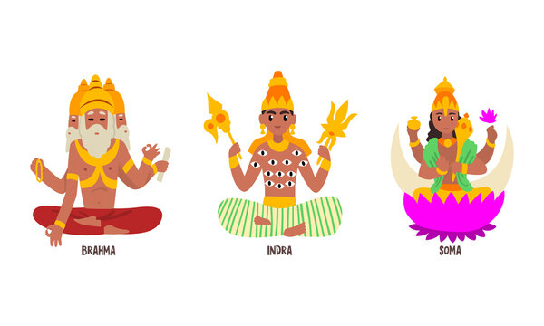 Statues of Indian Gods Set, Brahma, Indra, Soma Hinduism Godheads Vector Illustration