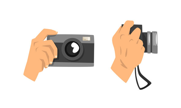Male Hand Holding Camera and Photographing Set Vector Illustration