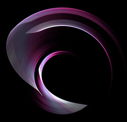 The magenta rounded segments are nicely spaced, rotate and frame against a black background. Graphic design element. 3d rendering. 3d illustration. Symbol, sign, icon, logo.