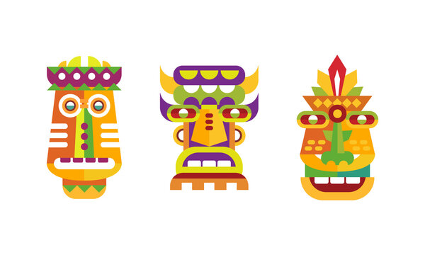 Native American Indian Totem Poles Set, Colorful Wooden Tribal Ritual Objects Vector Illustration