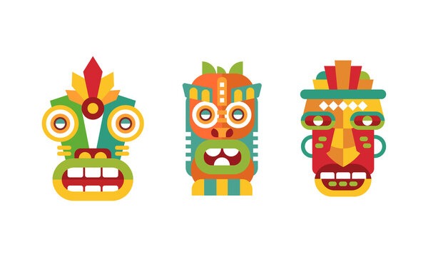 Colorful Native American Indian Totems Set, Wooden Tribal Ritual Objects Vector Illustration