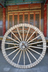 Open-two wheeled-seatless-springless-double pole wooden cart. Dafo Si Great Buddha Temple-Zhangye-Gansu-China-1278