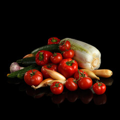 fresh vegetables on a black background. Tomatoes, cucumbers, Peking cabbage.