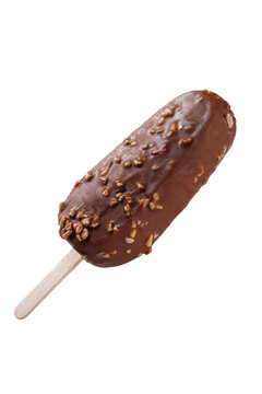 ice cream on a stick with chocolate and nuts on a white background