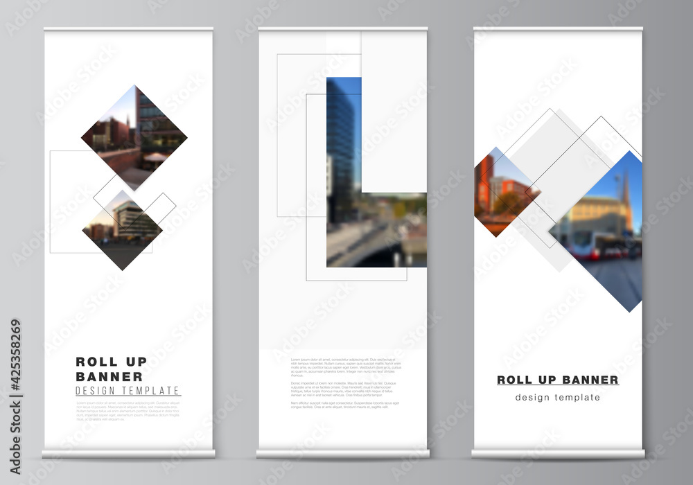 Aufkleber vector layout of roll up mockup design templates with geometric simple shapes, lines and photo place