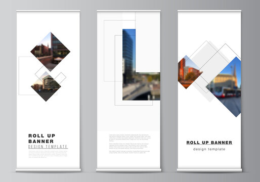 Vector layout of roll up mockup design templates with geometric simple shapes, lines and photo place for vertical flyers, flags design templates, banner stands, advertising design mockups.
