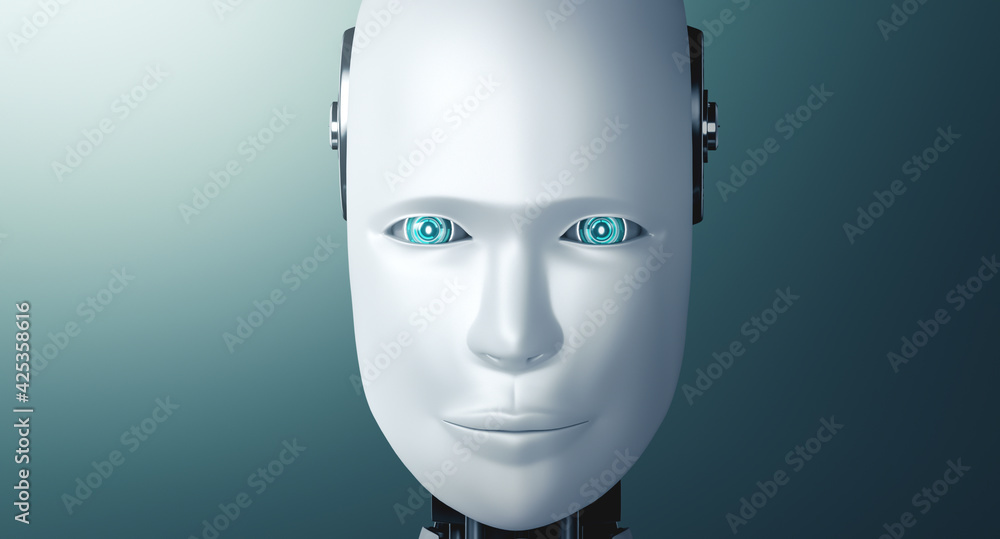 Poster robot humanoid face and eyes close up view 3d rendering. ai thinking brain, artificial intelligence 