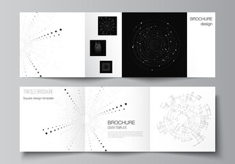 Vector layout of square covers design templates for trifold brochure, flyer, cover design, book design.Black color technology background. Digital visualization of science, medicine, technology concept