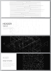 Vector layout of headers, banner design templates for website footer design, horizontal flyer design. Abstract technology black color science background. Digital data visualization. High tech concept.