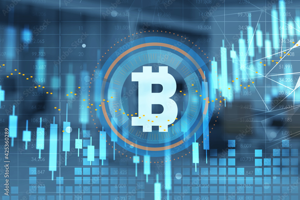 Poster bitcoin logotype with candlestick and chart in the background