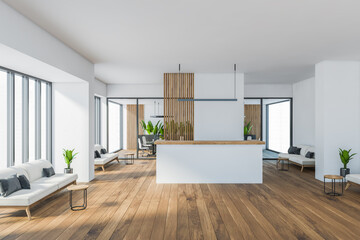 Bright modern minimalist office room interior with reception desk