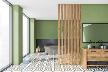 Modern bathroom interior with green wall and black bathtub