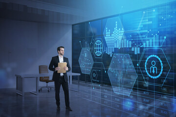 Businessman wearing formal suit is standing at office analyzing