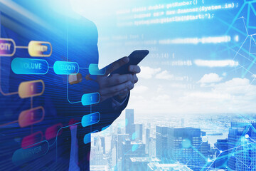 Businessman with smartphone is searching information in the web