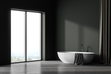 Fototapeta na wymiar Grey and green bathroom interior with white bathtub, concrete floor and window