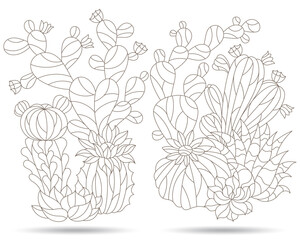 Set of contour illustrations in the style of stained glass with compositions of cacti, dark outline isolated plants on a white background