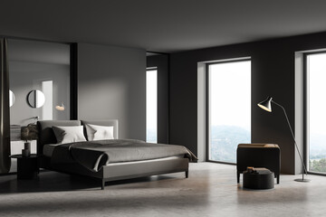 Modern cozy bedroom interior with three panoramic window