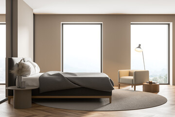 Modern cozy bedroom interior with large comfortable bed