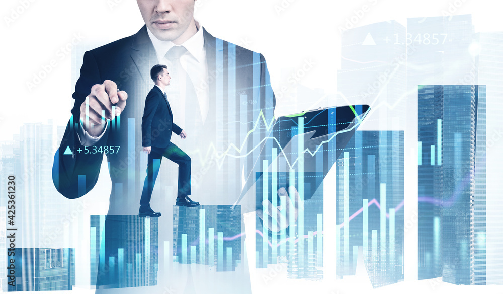 Poster man with clipboard, graph changes lines and bars with numbers