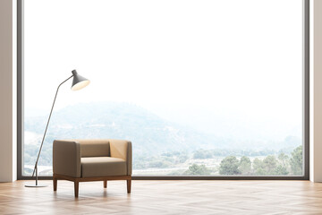 Wooden living room interior with armchair and panoramic window