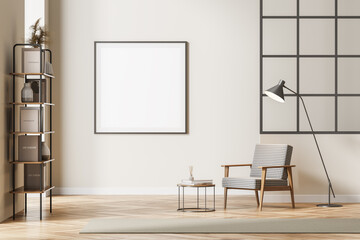 Beige living room interior with armchair, square mock up