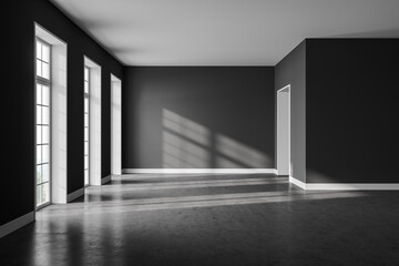 Grey empty living room interior with windows and no furniture