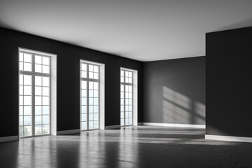 Grey empty living room with windows and no furniture